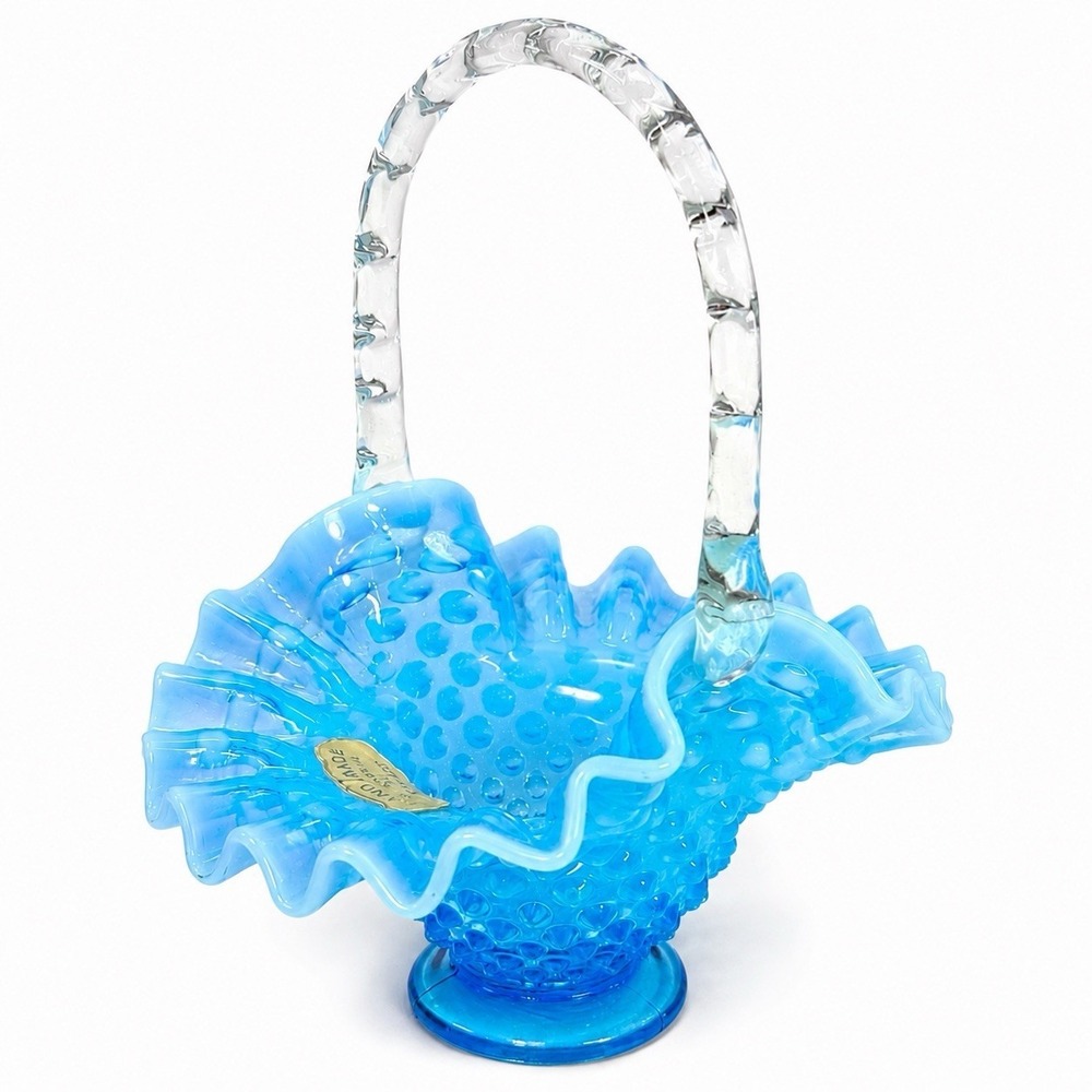 Vintage Fenton Glass Blue Opalescent Hobnail Basket #389 Gold Label 1940s 6.25"